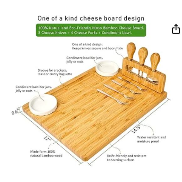 Brand New Bamboo Cheese Board Set with 3 Stainless Steel Knives and Dip Trays - Picture 5 of 6